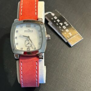 NEW SKAGEN Denmark Mother of Pearl Stainless Steel Watch Leather Red Strap